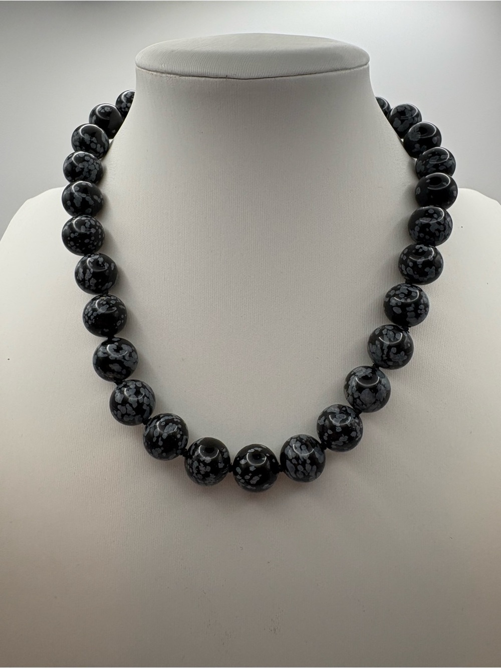 Snowflake Obsidian Black Round Bead Necklace -  Sterling Silver Clasp